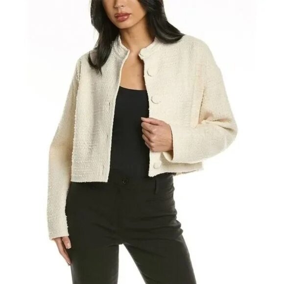 Rebecca Taylor Womens Cream Winter Tweed Wool Blend Cropped Jacket Sz Medium NWT - Picture 1 of 10